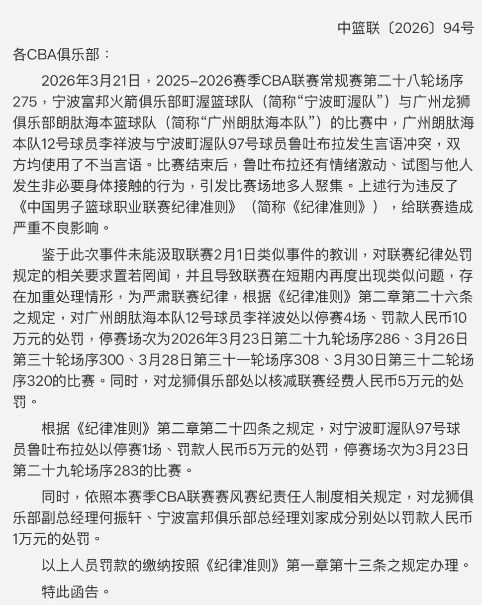 APP下载-CBA重罚！李祥波因不当言论被禁赛4场，鲁吐布拉情绪激动被禁1场
